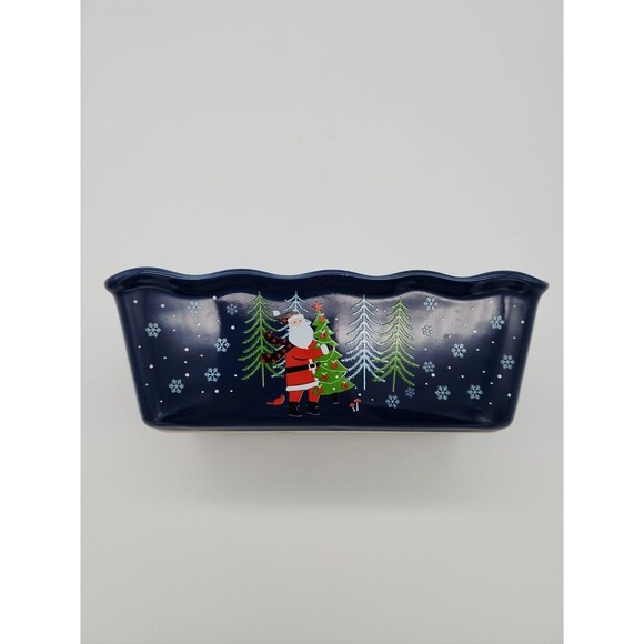 Nantucket Ceramic Mini Loaf Pan Santa Claus Winter Scene Navy Blue NEW 6" x 3" - Picture 10 of 12